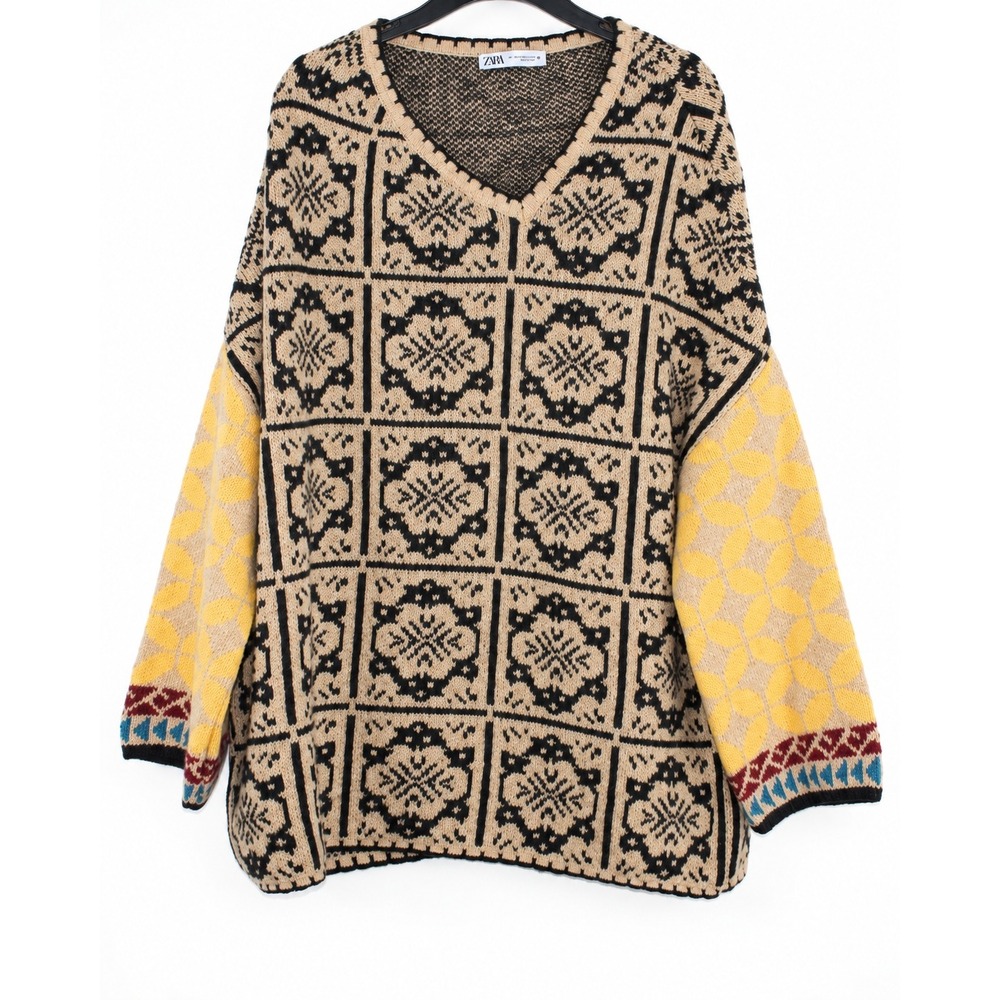 Zara Womens Oversized Jacquard Knit V-Neck Sweater Tan Black Yellow Size M